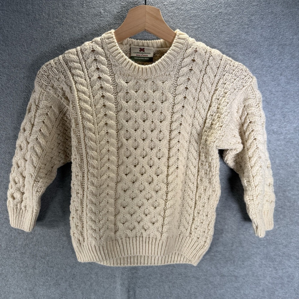 Carraig Donn Sweater Kids Large Beige Cable Knit Wool Fisherman Ireland Vintage